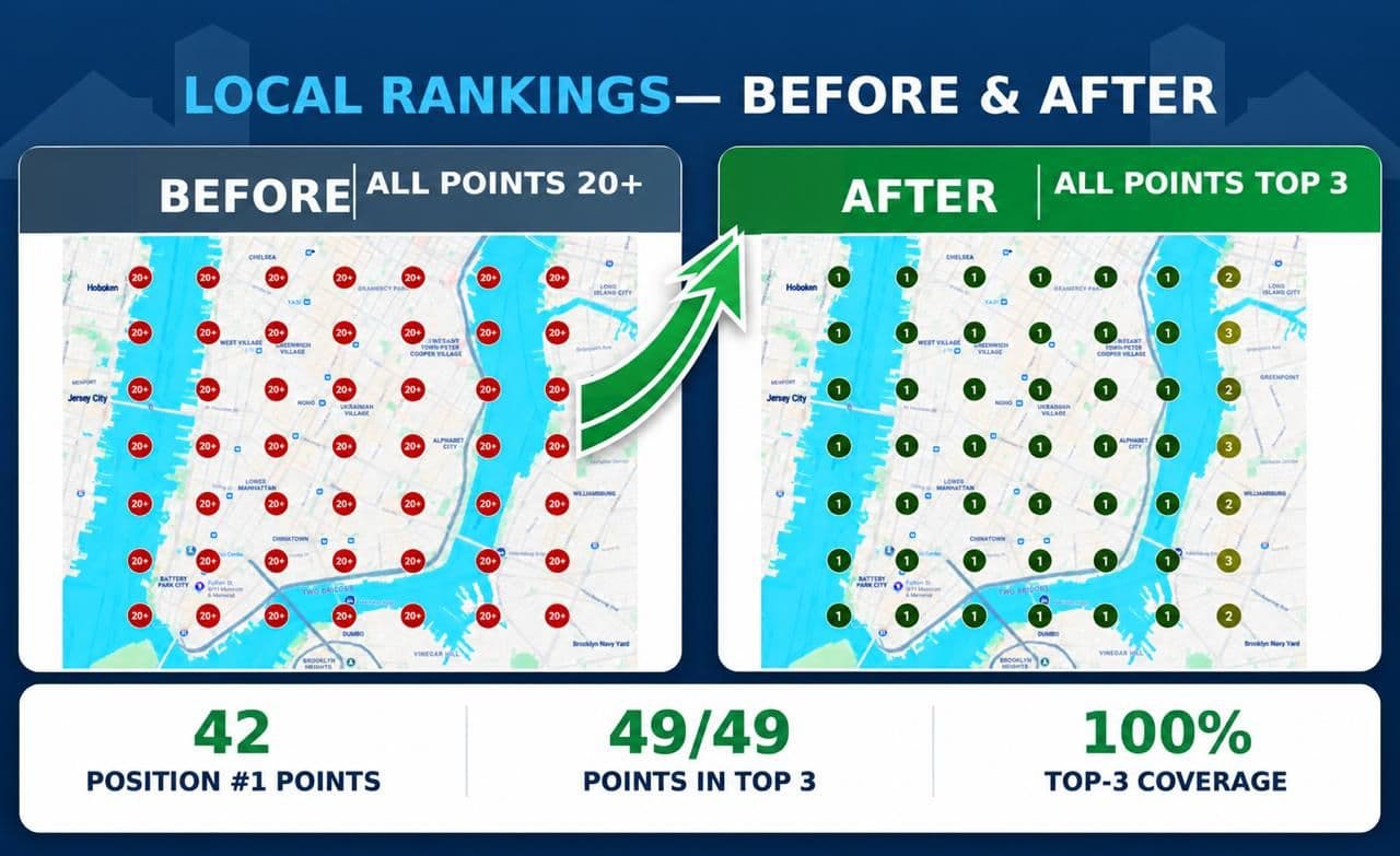 Rank grid across Lower Manhattan and Brooklyn moving from 20+ at every point to top 3